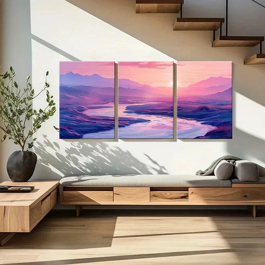 3pcs Sunset Landscape Mountain View River Metal Print Ready to Hang Art