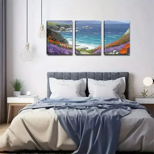 3pcs Flowers With Grass Mountain & Sea Canvas Framed 60x90cm - High Quality Print 100% Australian Made Wall Canvas Ready to Hang