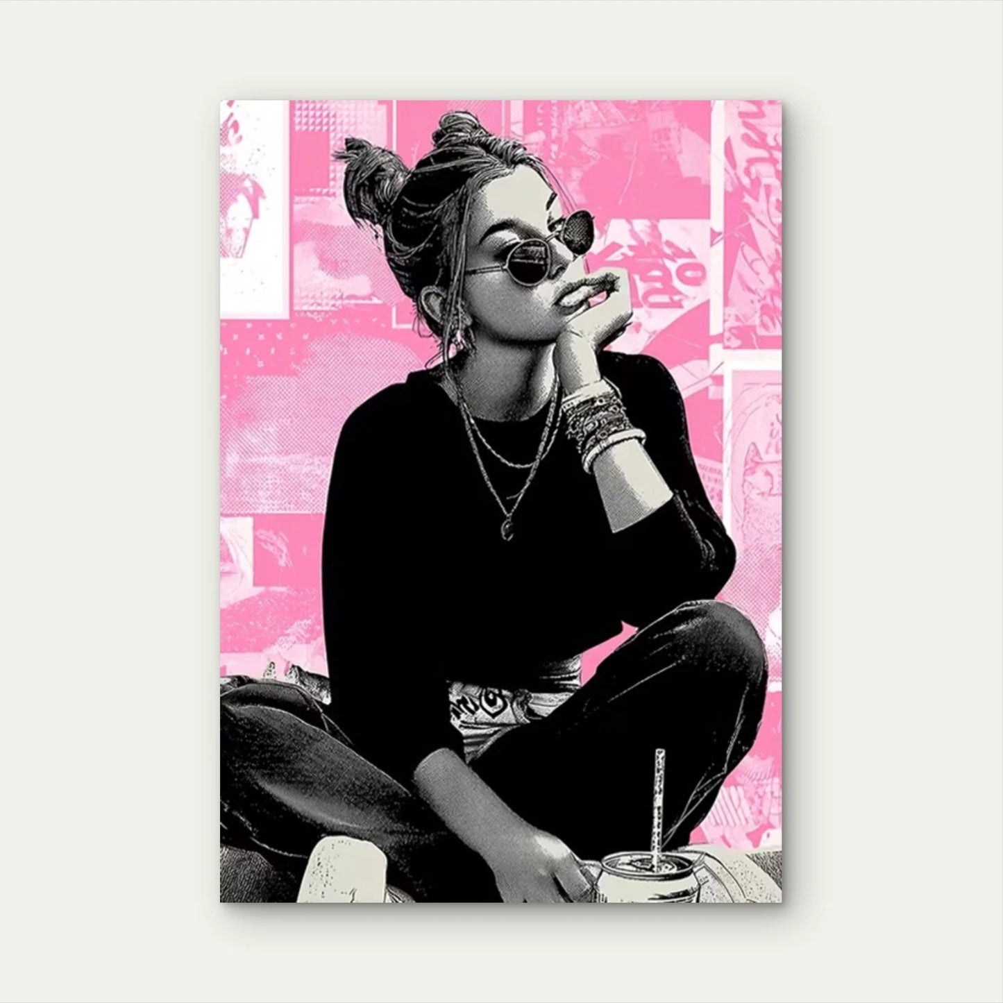 Girl with Black & Pink Chic Outfit  60x90cm Metal Print Ready to Hang