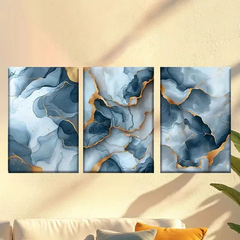 3pcs Abstract blue and Golden marble Wall Art Set Canvas Unframed - High Quality Print 100% Australian Made Wall Canvas