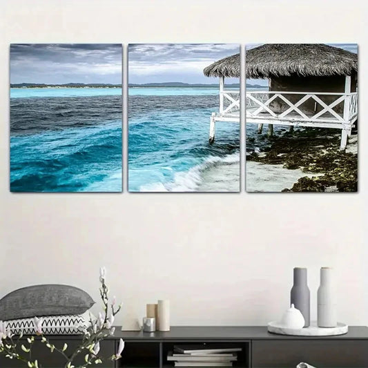 3pcs Ocean Water House Beach Sky Metal Print Ready to Hang Art