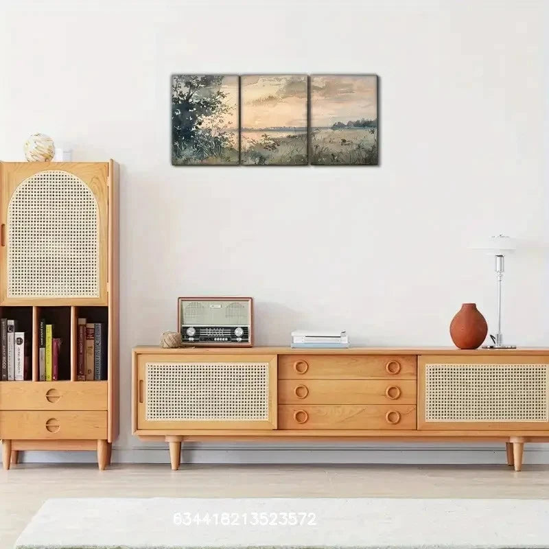 3pcs Retro Style Spring Landscape Painting Metal Print Ready to Hang Art