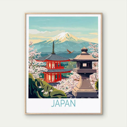 Japanese Pagoda & Cherry Blossoms Travel Poster Print Wall Art