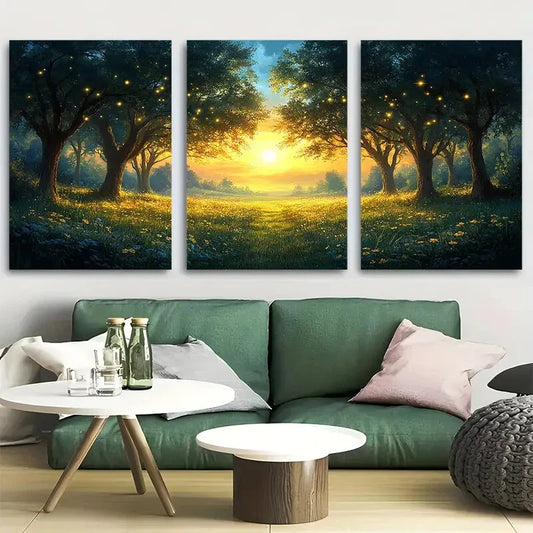 3pcs Magical Moonlit Forest Glade Engulfed Firefly Metal Print Ready to Hang Art