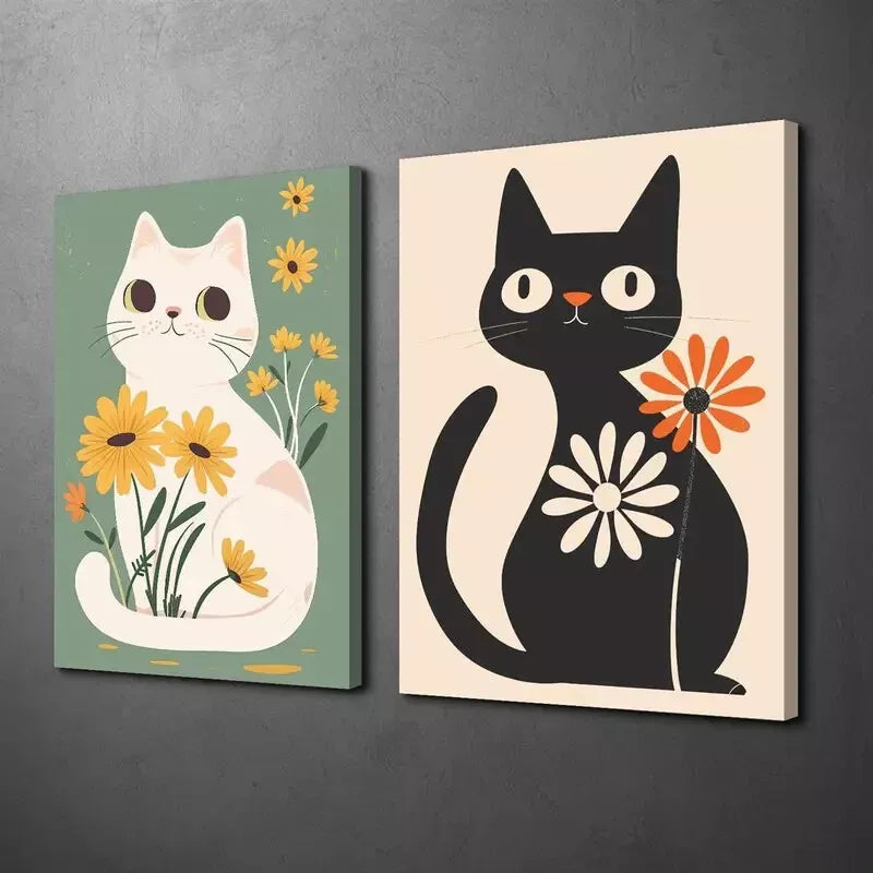 2pcs Colorful Garden Black Cat Cute White Cat, Yellow Daisy Boho Canvas Framed 50x75cm - High Quality Print 100% Australian Made Wall Canvas Ready to Hang