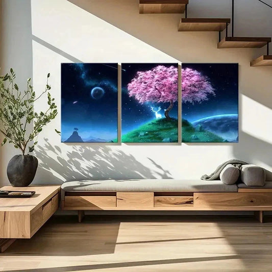 3pcs Sparkling Deer Starry Sky & Cherry Blossom Wall Art Set Canvas Framed 40x60cm - High Quality Print 100% Australian Made Wall Canvas Ready to Hang