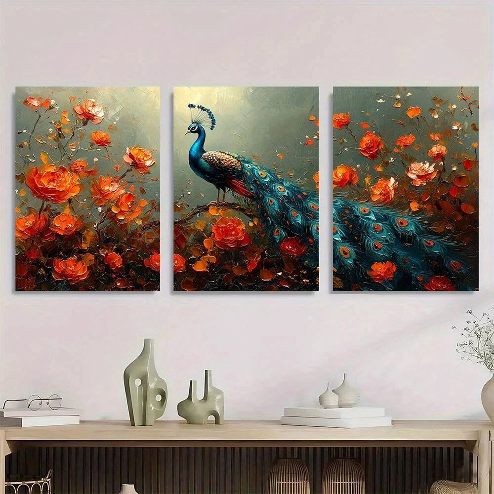 3pcs Painting Peacock Colourful Florals Metal Print Ready to Hang Art