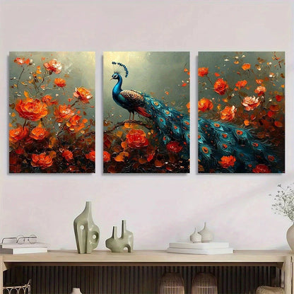 3pcs Painting Peacock Colourful Florals Metal Print Ready to Hang Art