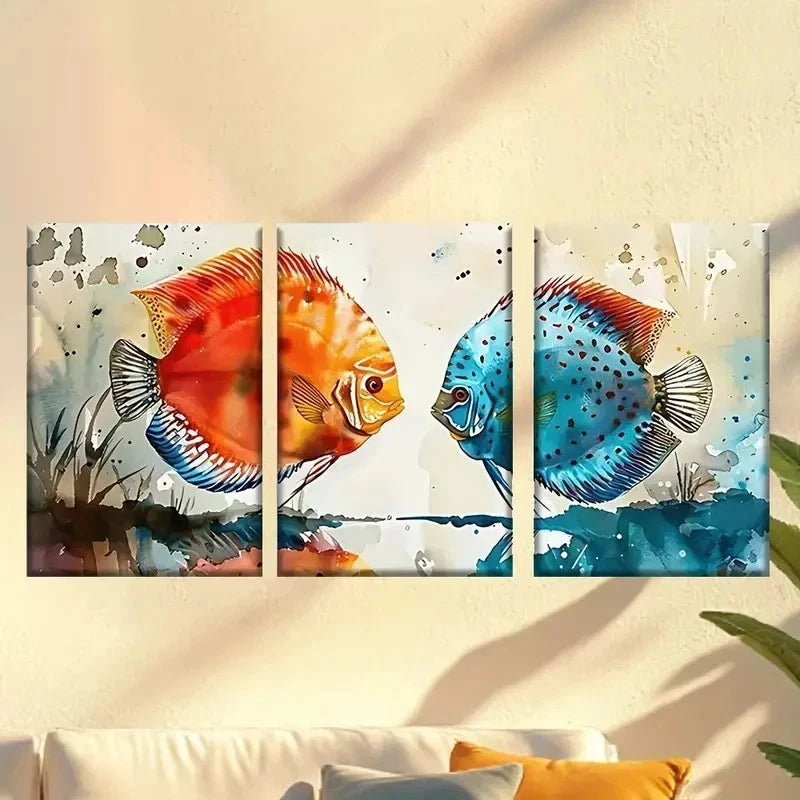 3pcs two fish in watercolors Wall Art Set Canvas Framed 50x70cm - High Quality Print 100% Australian Made Wall Canvas Ready to Hang