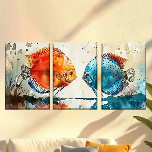 3pcs two fish in watercolors Wall Art Set Canvas Framed 50x70cm - High Quality Print 100% Australian Made Wall Canvas Ready to Hang