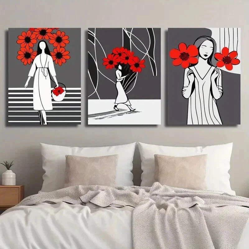 3pcs Abstract Black & Recd Flower Girl Perfect Wall Art Set Canvas Framed 40x60cm - High Quality Print 100% Australian Made Wall Canvas Ready to Hang