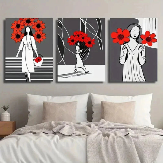 3pcs Abstract Black & Recd Flower Girl Perfect Wall Art Set Canvas Framed 40x60cm - High Quality Print 100% Australian Made Wall Canvas Ready to Hang