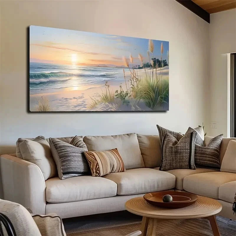 Gold Sunset Sandy Seaside Wall Art wall canvas office home room framed 120x60cm