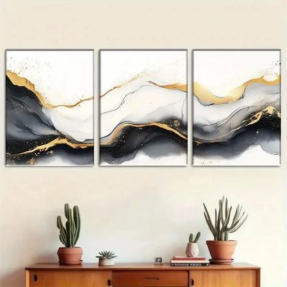 3pcs Abstract Ink Black White and Golden Metal Print Ready to Hang Art