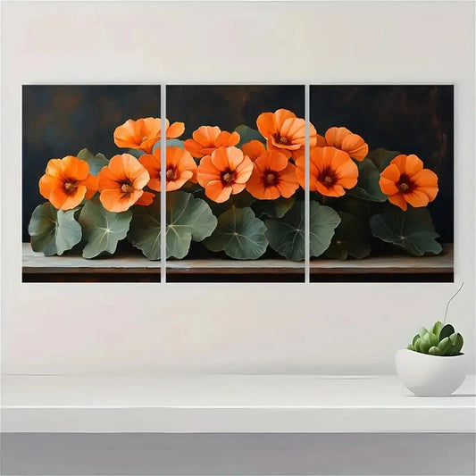 3pcs Nasturtium Flowers Dark Nature Perfect Wall Art Set Canvas Framed 40x60cm - High Quality Print 100% Australian Made Wall Canvas Ready to Hang
