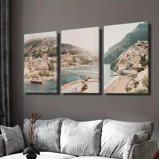 3pcs Italy Coast Beach City Landscape Wall Art Set Canvas Framed 50x70cm - High Quality Print 100% Australian Made Wall Canvas Ready to Hang