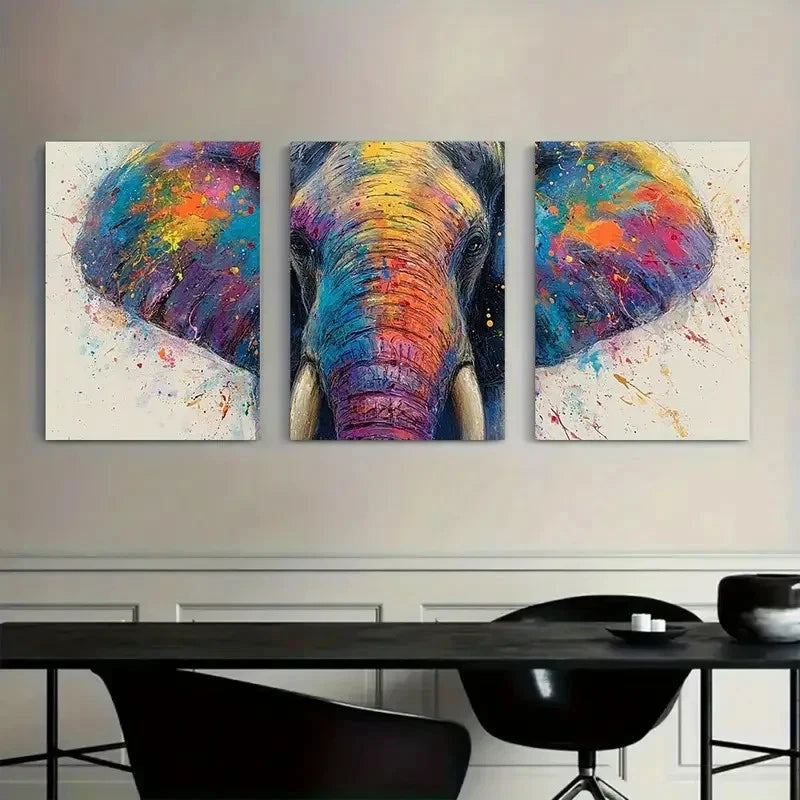 3pcs Colorful Splash Elephant Face Wall Art Metal Print Ready to Hang Art