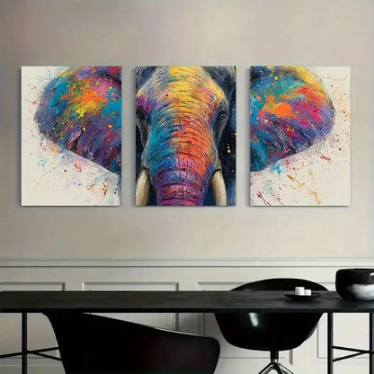 3pcs Colorful Splash Elephant Face Wall Art Metal Print Ready to Hang Art