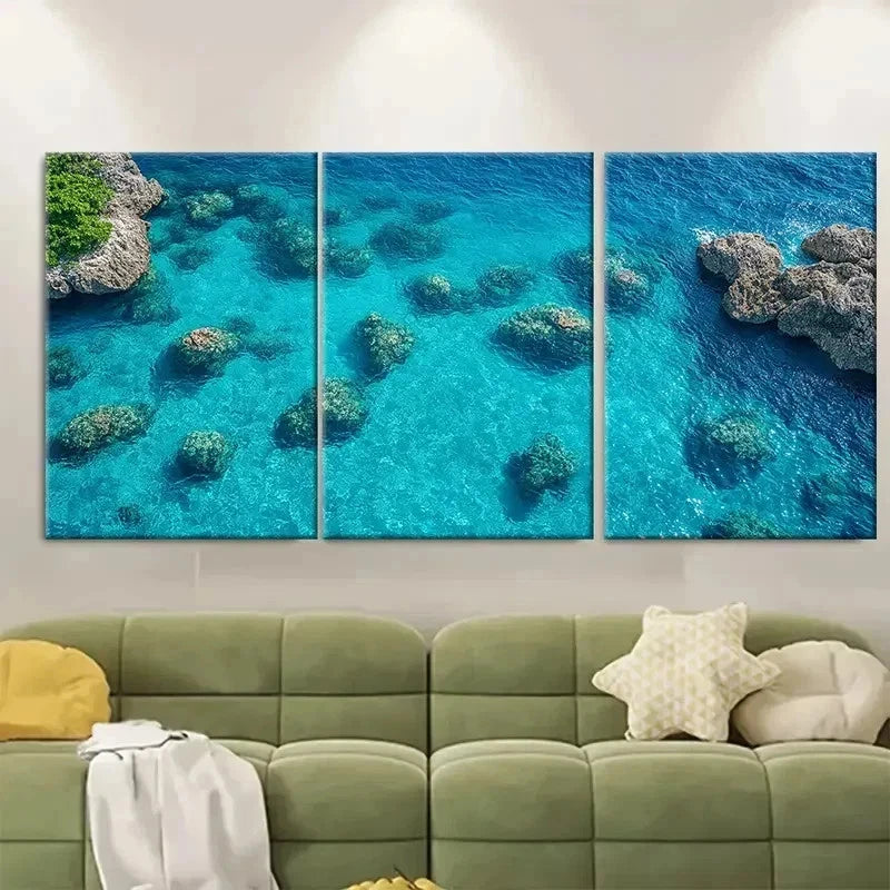 3pcs Seascape Clear Shallow Blue Ocean S  Wall Art Set Canvas Framed 50x70cm - High Quality Print 100% Australian Made Wall Canvas Ready to Hang
