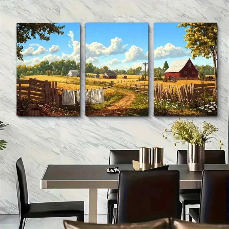 3pcs Traditional Country Life with Red Barn White Metal Print Ready to Hang Art