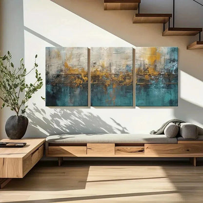 3pcs Abstract Art Modern Design Blue Yellow Metal Print Ready to Hang Art