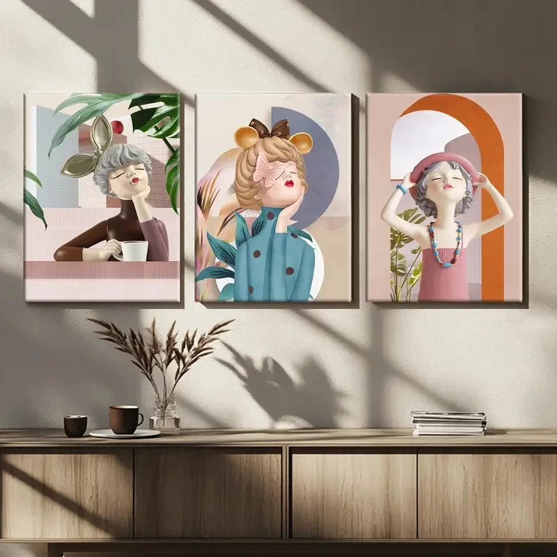 3pcs Charming Porcelain Dolls in Blue & Pink Metal Print Ready to Hang Art