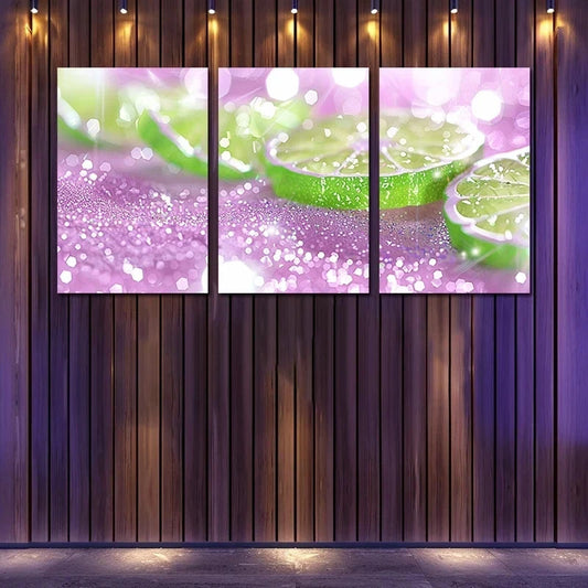 3pcs Closeup of Sparkling Water with Lime Slices Metal Print Ready to Hang Art