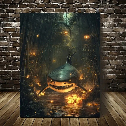 Steampunk Shark in Bamboo Grove with Glowing Embers 40x60cm Metal Print Ready to Hang