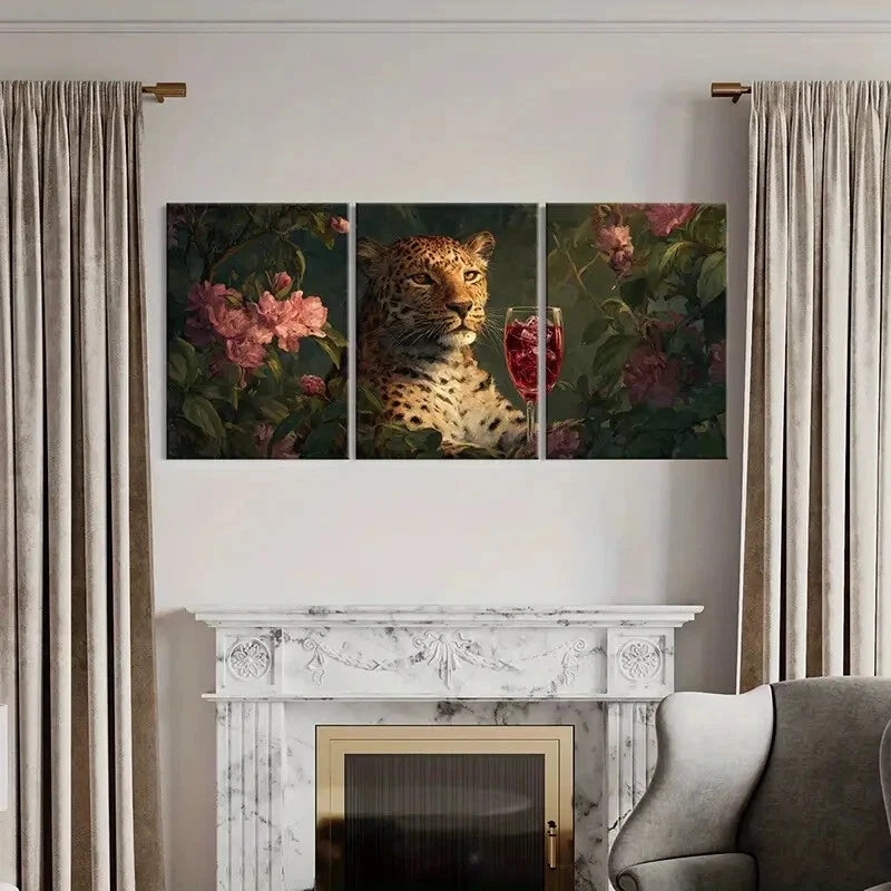 3pcs Leopard with Wine Glass Floral Surroundings Metal Print Ready to Hang Art