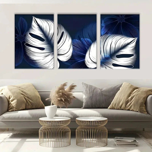 3pcs Modern Abstract Blue and White Leaves Metal Print Ready to Hang Art