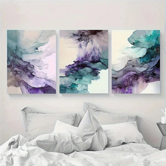3pcs Artificial Jade Abstract Purple Green Metal Print Ready to Hang Art
