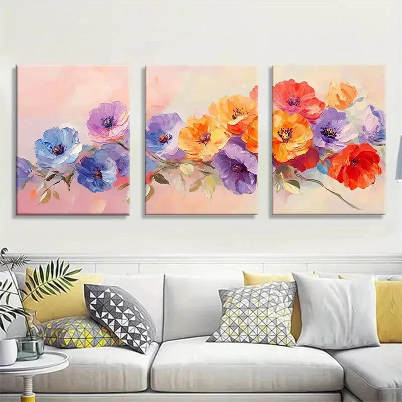 3pcs Vibrant Colorful Flower Oil Painting Style Metal Print Ready to Hang Art