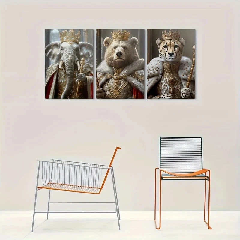 3pcs Crowned Elephant Bear & Cheetah Royal Metal Print Ready to Hang Art