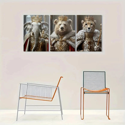 3pcs Crowned Elephant Bear & Cheetah Royal Metal Print Ready to Hang Art
