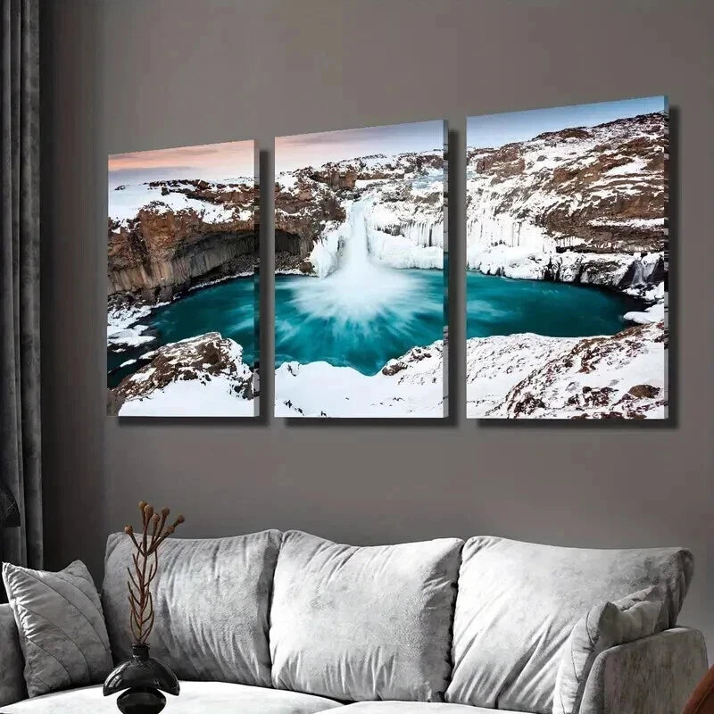 3pcs Iceland Waterfall Winter Snow Scene Wall Art Set Canvas Framed 40x60cm - High Quality Print 100% Australian Made Wall Canvas Ready to Hang