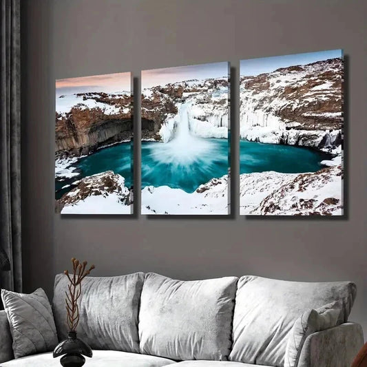 3pcs Iceland Waterfall Winter Snow Scene Wall Art Set Canvas Framed 40x60cm - High Quality Print 100% Australian Made Wall Canvas Ready to Hang