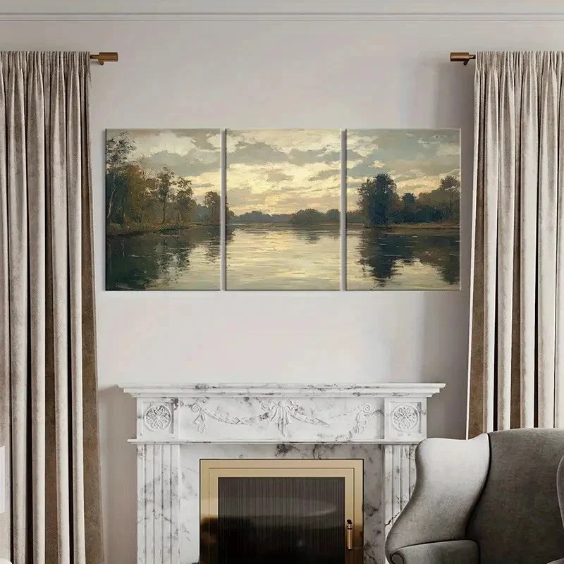 3pcs Landscape Painting Serene River Scenery Metal Print Ready to Hang Art