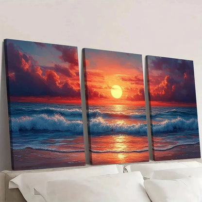 3pcs Beach Sunset Vibrant Abstract Ocean Waves Wall Art Set Canvas Framed 60x90cm - High Quality Print 100% Australian Made Wall Canvas Ready to Hang