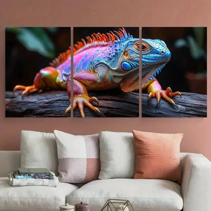 3pcs Vibrant Iguana Photography on Dark Wood Metal Print Ready to Hang Art