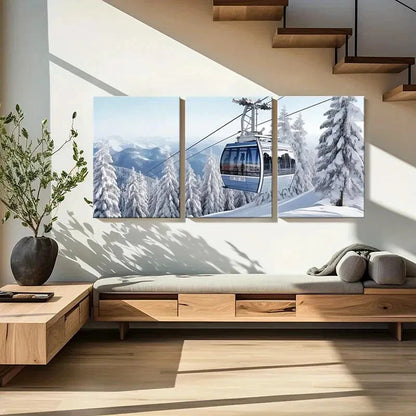 3pcs Winter Wonderland Cable Car Snowy Mountains Metal Print Ready to Hang Art