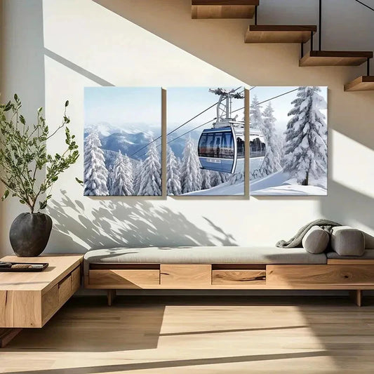 3pcs Winter Wonderland Cable Car Snowy Mountains Metal Print Ready to Hang Art