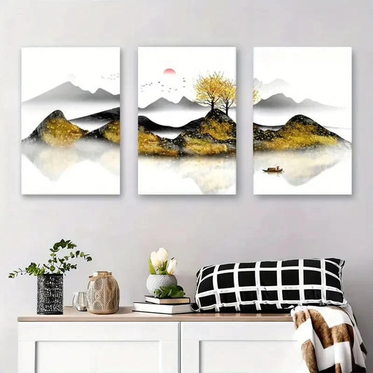 3pcs Mountain River & Tree Abstract Metal Print Ready to Hang Art