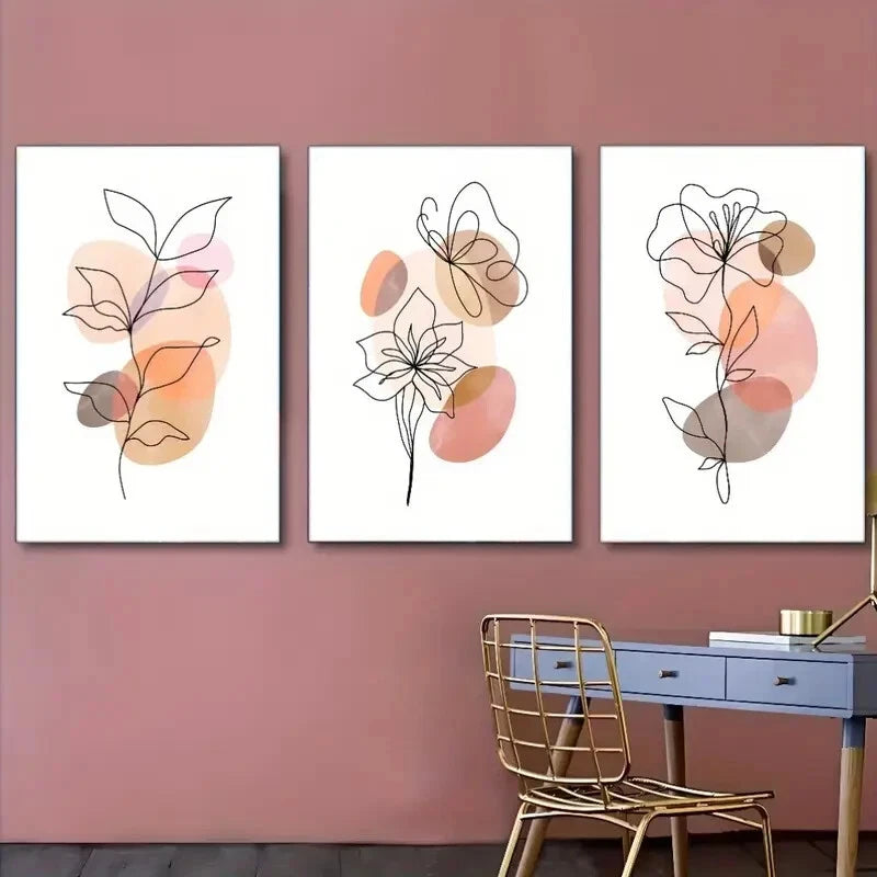 3pcs Featuring Abstract Floral Line Art Metal Print Ready to Hang Art