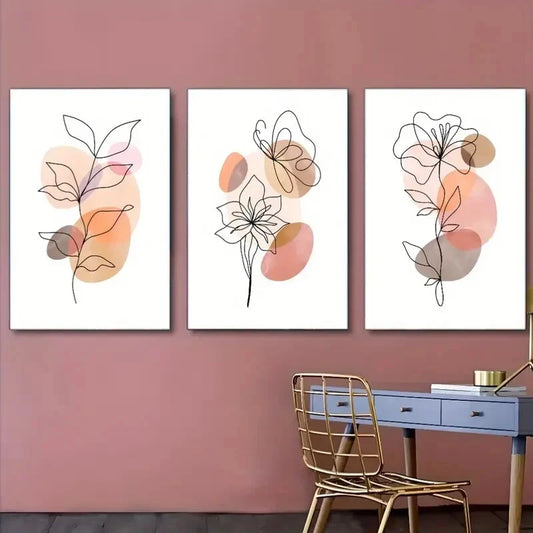 3pcs Featuring Abstract Floral Line Art Metal Print Ready to Hang Art