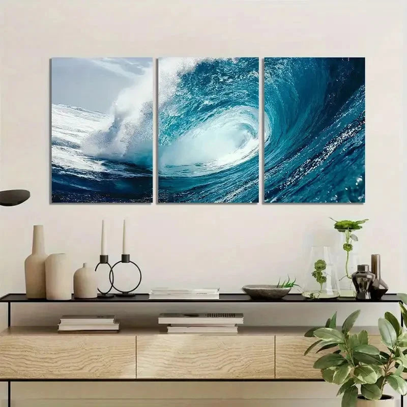 3pcs Blue Ocean Wave with White Foam Metal Print Ready to Hang Art
