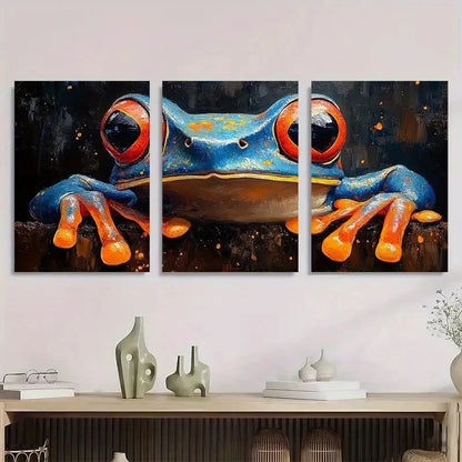 3pcs Vibrant Blue Tree Frog Painting Metal Print  Ready to Hang Art