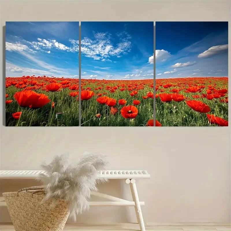 3pcs Vibrant Poppy Field Under Blue Sky Metal Print Ready to Hang Art