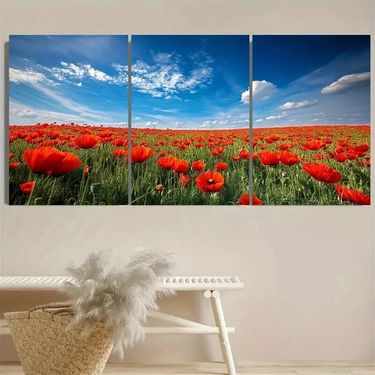 3pcs Vibrant Poppy Field Under Blue Sky Metal Print Ready to Hang Art