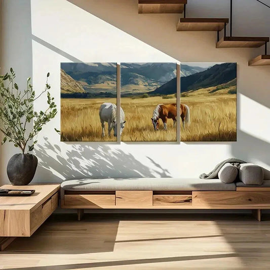 3pcs Artistic Horses Grazing Mountain Landscape Metal Print Ready to Hang Art
