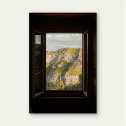 Green Mountain Ridge Window View Alpine Cliff 40x60cm Metal Print Ready to Hang